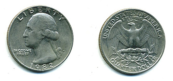 США 25 центов = квотер 1982 P, Вашингтон KM А164а медь плакированная медно-никелем 59-1943