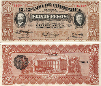 Мексика, Революция 20 песо 1915 штат Чиуауа, черная зубчатая печать, дата на обороте Pick S537b бумага aUNC 6283-8-1