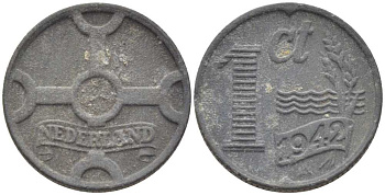 НИДЕРЛАНДЫ 1 ЦЕНТ 1942 ВИЛЬГЕЛЬМИНА (1890-1948) KM 170 цинк 66-133