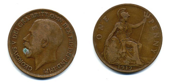 Великобритания 1 пенни 1919 Георг V (1910-1936) КМ 810, Spink 4051 бронза 47-246