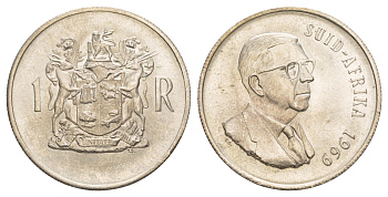 ЮАР 1 ранд 1969 Окончание президентства Теофилуса Дёнгеса, надпись на африкаанс - "SUID-AFRIKA" KM 80.2 серебро UNC 413-3744