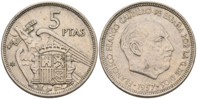 Испания 5 песет 1957 (75) Франсиско Франко (1939-1975) KM 786 медно-никель 4395-331