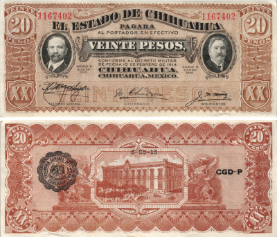 Мексика, Революция 20 песо 1915 штат Чиуауа, черная зубчатая печать, дата на обороте Pick S537b бумага aUNC 6283-8-1