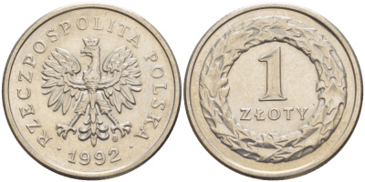 ПОЛЬША 1 ЗЛОТЫЙ 1992 MW KM 282 медно-никель UNC 4523-852
