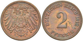 Германия 2 пфеннига 1912 A KM 16, J. 11, Weege 4 медь 212-414