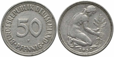 ФРГ 50 ПФЕННИГОВ 1950 F KM 109.1, J. 384 медно-никель 112-153
