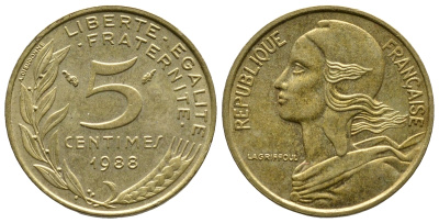 ФРАНЦИЯ 5 САНТИМОВ 1988 ТИП MARIANNE KM 933 медь алюминий никель 93-1327