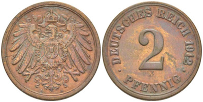 Германия 2 пфеннига 1912 A KM 16, J. 11, Weege 4 медь 212-414