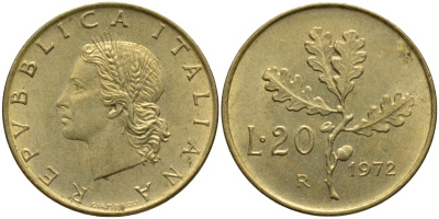 Италия 20 лир 1972 R, дубовая ветвь KM 97.2 алюминиевая бронза 4171-856