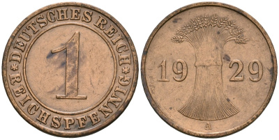 Германия 1 рейхспфенниг 1929 A KM 37, J. 313 бронза 4189-1127
