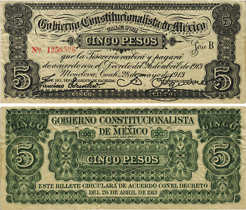 Мексика, Революция 5 песо 1913 Монклова, штат Коауила, правительство конституционалистов Pick S628 бумага 6287-28-2
