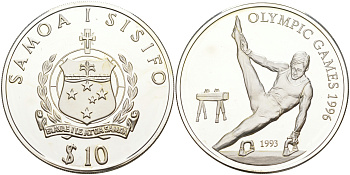 Самоа 10 тала 1993 XXVI Олимпийские игры 1996 года в Атланте, гимнаст на коне KM 97 серебро PROOF 1074-5-44