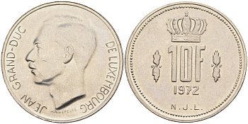 Люксембург 10 франков 1972 герцог Жан (1964-1999) KM 57 никель 4587-644