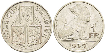 Бельгия 1 франк 1939 Леопольд III (1934-1950), Belgique-Belgie, лев KM 119 никель 202-1133