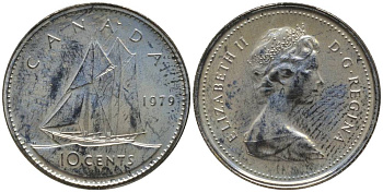 Канада 10 центов 1979 Елизавета II (1952-2022), парусник KM 77.2 никель UNC 218-818