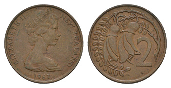Новая Зеландия 2 цента 1967 Елизавета II (1952-2022), два цветка кохаи KM 32.1 бронза 4655-1139