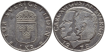 Швеция 1 крона 1978 Карл XVI Густав (1973- ) KM 852 медь плакированная медно-никелем 56-344