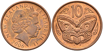 Новая Зеландия 10 центов 2006 Елизавета II (1952-2022), маска маори KM 117а сталь плакированная медью 106-1124