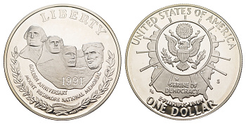 США 1 доллар 1991 S, 50 лет мемориалу президентов, гора Рашмор KM 229 серебро  PROOF  1091-10-44