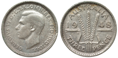 Австралия 3 пенса 1948 m, Георг VI (1937-1952), без букв KM 37a серебро 71-228