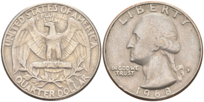 США 25 центов (квотер) 1968 Вашингтон KM 164a медь плакированная медно-никелем 80-354