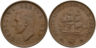 ЮАР 1/2 пенни 1949 Георг VI (1937-1952) KM 33.1 бронза 181-1024