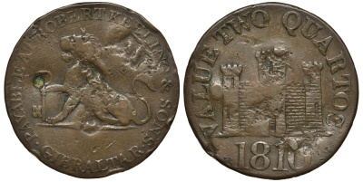 Гибралтар 2 кварты 1810 токен, Роберт Килинг и сыновья, равна двум четвертинкам KM Tn 4.1 медь 650-212