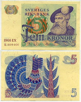 Швеция 5 крон 1966 EX, Густав I Ваза Pick 51a бумага aUNC 2192-14-2-1