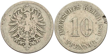ГЕРМАНИЯ 10 ПФЕННИГОВ 1875 G, СТАРОГЕРБОВКА KM 4, J. 4 медно-никель 4401-245