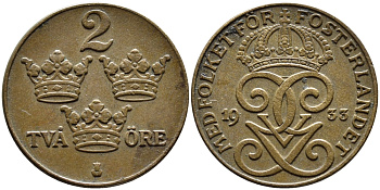 Швеция 2 эре 1933 Густав V (1907-1950) KM 778 бронза 4385-1025