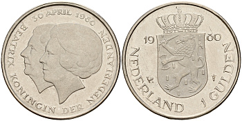 Нидерланды 1 гульден 1980 на коронацию Беатрикс, 30 апреля 1980 KM 200 никель    4601-1044