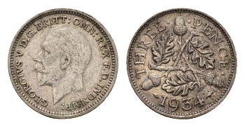 Великобритания 3 пенса 1934 Георг V (1910-1936) KM 831, Spink 4042 серебро 4644-548