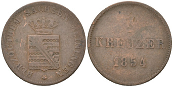 Саксен-Мейнингена 1 крейцер 1854 Бернгард II (1803-1866) KM 163 медь 110-846