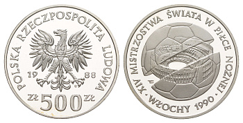 Польша 500 злотых 1988 Чемпионат мира по футболу 1990 Y 184 серебро PROOF 11-159-24