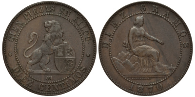 Испания 10 сентимо 1870 ОМ, лев со щитом KM 663 (Y54) медь 1528-725