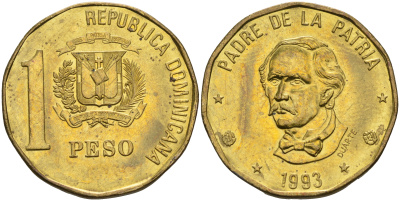 Доминиканская республика 1 песо 1993 Хуан Пабло Дуарте KM 80.2 медь цинк  UNC  4595-711