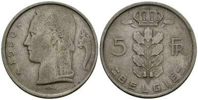 Бельгия 5 франков 1950 BELGIE KM 135 медно-никель 4172-556
