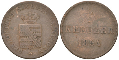 Саксен-Мейнингена 1 крейцер 1854 Бернгард II (1803-1866) KM 163 медь 110-846