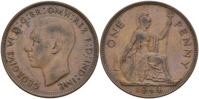 Великобритания 1 пенни 1944 Георг VI (1936-1952) KM 845, Spink 4114 бронза 4149-745