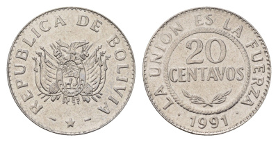 Боливия 20 сентаво 1991 KM 203 нержавеющая сталь UNC 4649-418
