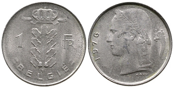 Бельгия 1 франк 1976 Belgie, Бодуэн I (1951-1993) KM 143.1 медно-никель 4622-336