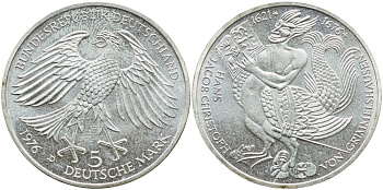 ФРГ 5 марок 1976 D, 300 лет со дня смерти Ганса Якоба Кристоффеля фон Гриммельсгаузена (1622-1676) KM 144, J. 419 серебро UNC 4394-111