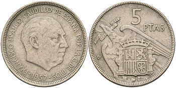 Испания 5 песет 1957 (62) Франсиско Франко (1939 - 1975) KM 786 медно-никель 4155-536