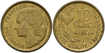 Франция 10 франков 1957 B, петух KM 915.2, Le Franc 363.5 алюминиевая бронза 4159-925
