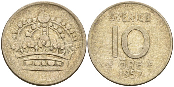 Швеция 10 эре 1957 TS, Густав VI Адольф (1950-1973) KM 823 серебро 192-148