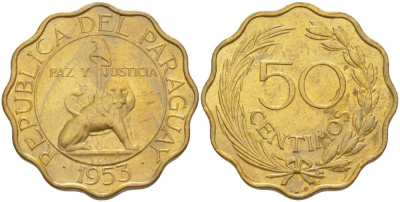 Парагвай 50 сентимо 1953 лев, фригийский колпак на шесте KM 28 алюминиевая бронза aUNC 4513-725
