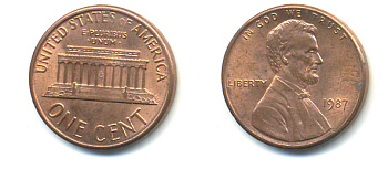 США 1 цент 1987 Линкольн KM 201b цинк плакированный медью 86-237