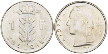БЕЛЬГИЯ 1 ФРАНК 1977 BELGIE, БОДУЭН I (1951-1993) KM 143.1 медно-никель 3856-746