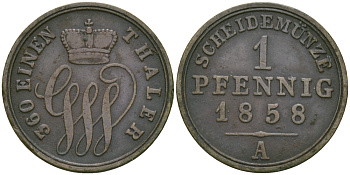 Шаумбург-Липпе 1 пфенниг 1858 А, Георг Вильгельм (1787-1860) KM 38 медь 99-763