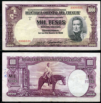 Уругвай 1000 песо 1939 Хосе Хервасио Артигас, генерал на коне, серия D Pick 41 c  бумага  444-136-1-2